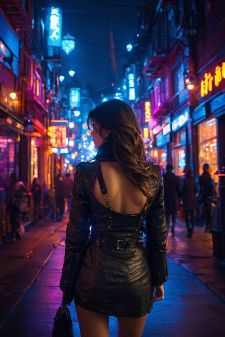 1girl, night city, back view ,Spirit Fox Pendant, wallking street,people walking, perfect ass, realstic, neon light. high detail, high_resolution,xxmix_girl,LinkGirl,steampunk style,steampunk,
