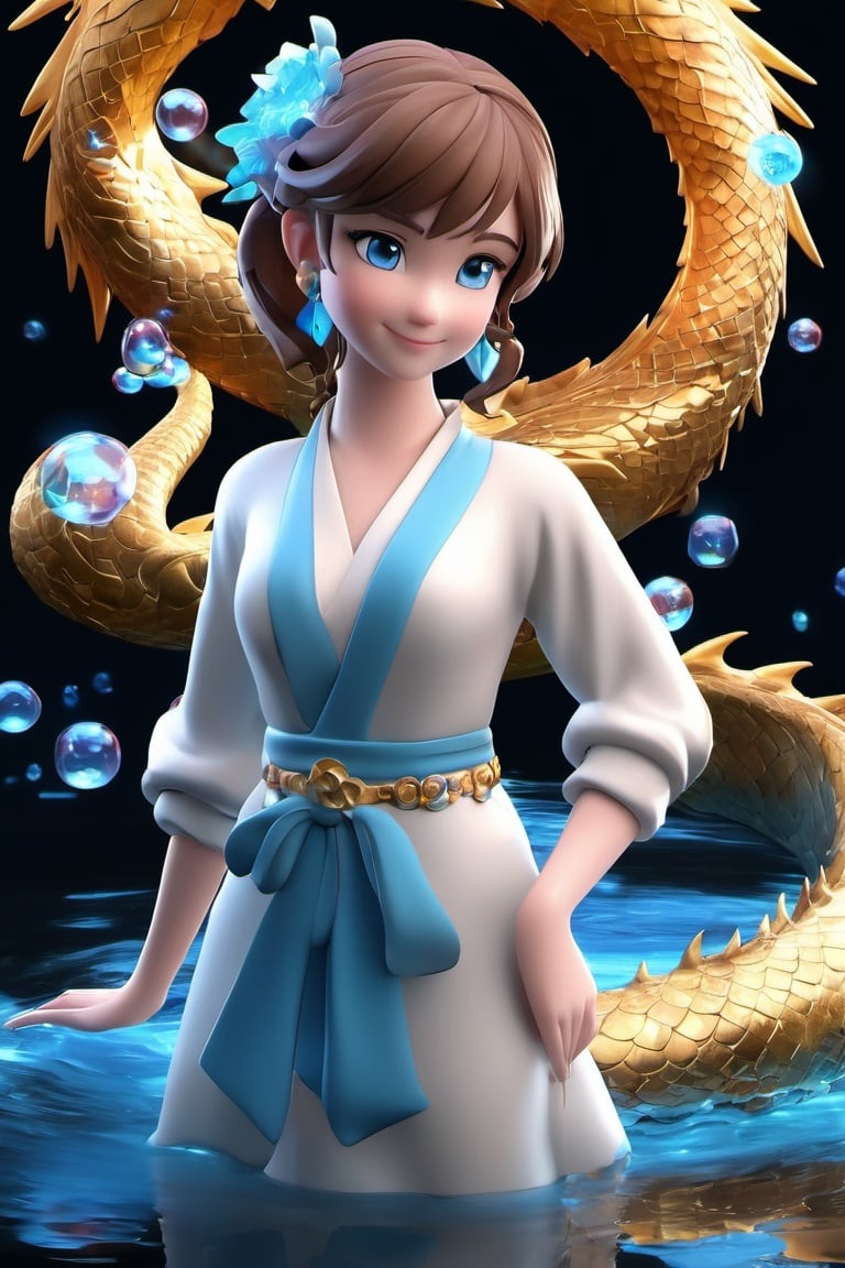 1girl, 3d figure, black background, blue eyes, brown hair, bubble, dragon, earrings, eastern dragon, full body, glowing, jewelry, long sleeves, looking at viewer, smile, solo, standing, water 