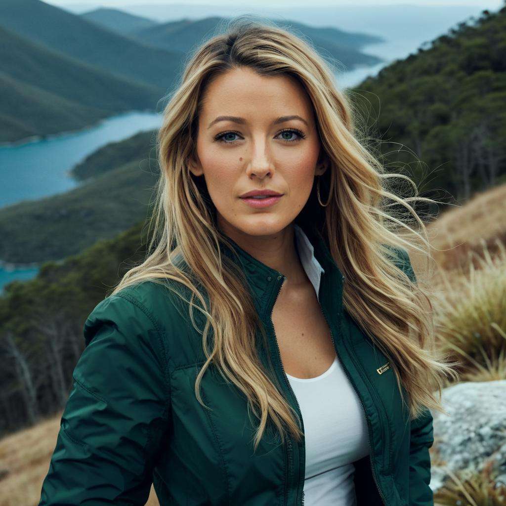 a photo of blake lively, ohwx woman, on a mountain, wearing a jacket, best quality, cinematic lighting<lora:blakelively_SDXL:0.8>