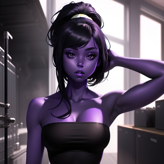 1 girl, purple skin:2 , black hair:1.85,black tube top:1.5, bare shoulders, bare hands, bare arms