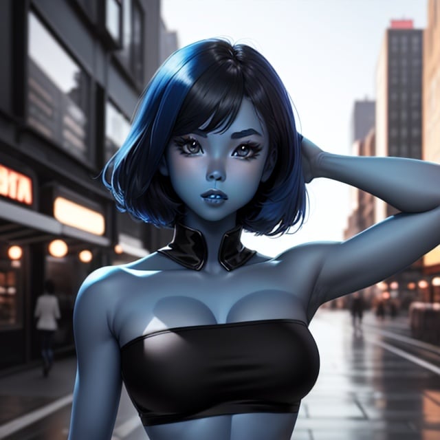 1 girl, blue skin:2 , black hair:1.85,black tube top:1.5, bare shoulders, bare hands, bare arms, city background
