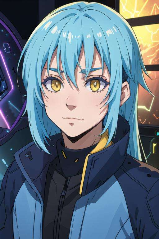 masterpiece, best quality, photorealistic, 1boy, solo, male focus, looking at viewer, upper body, depth of field, <lora:rimuru_tempest:0.70>, rimuru_tempest, blue hair, yellow eyes, long hair, , science fiction cyber-thriller,