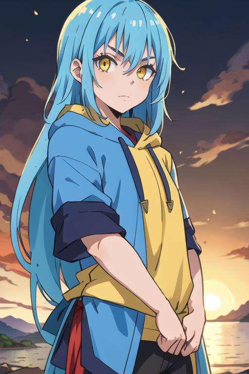 masterpiece, best quality, , 1boy, solo, male focus, looking at viewer, , , <lora:rimuru_tempest:0.64>, rimuru_tempest, blue hair, yellow eyes, long hair, hoodie, , feudal japan, 4k resolution