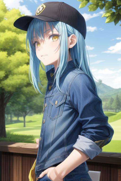 masterpiece, best quality, , 1boy, solo, male focus, looking at viewer, upper body, , <lora:rimuru_tempest:0.72>, rimuru_tempest, blue hair, yellow eyes, long hair, denim jeans, golf cap, aztec,