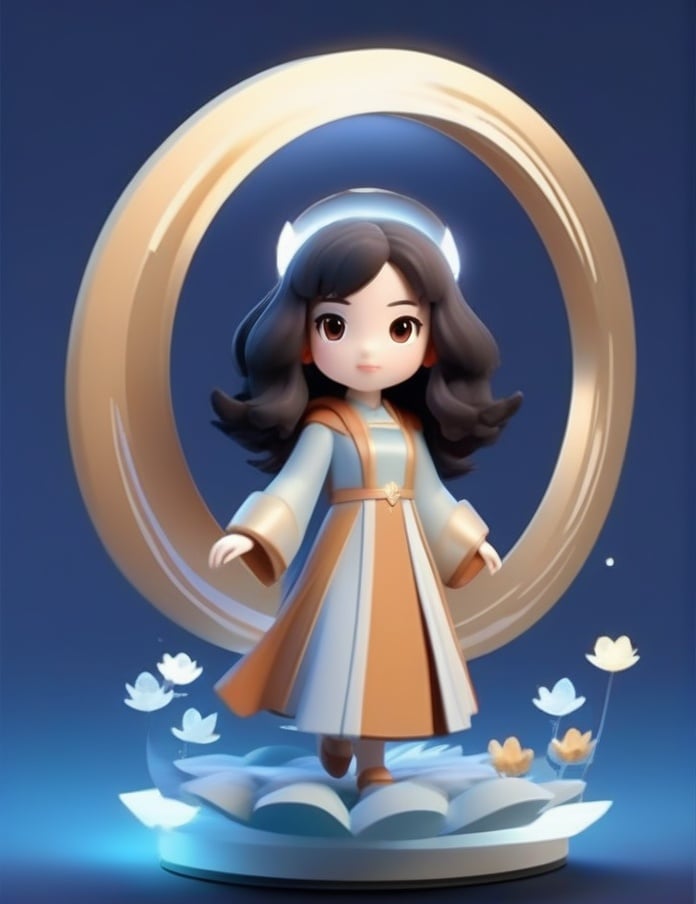 1girl, 3d figure, black hair, brown eyes, brown hair, dress, floating, full body, halo, long hair, long sleeves, solo, standing <lora:sdxl_3dfigure-000002:0.65>