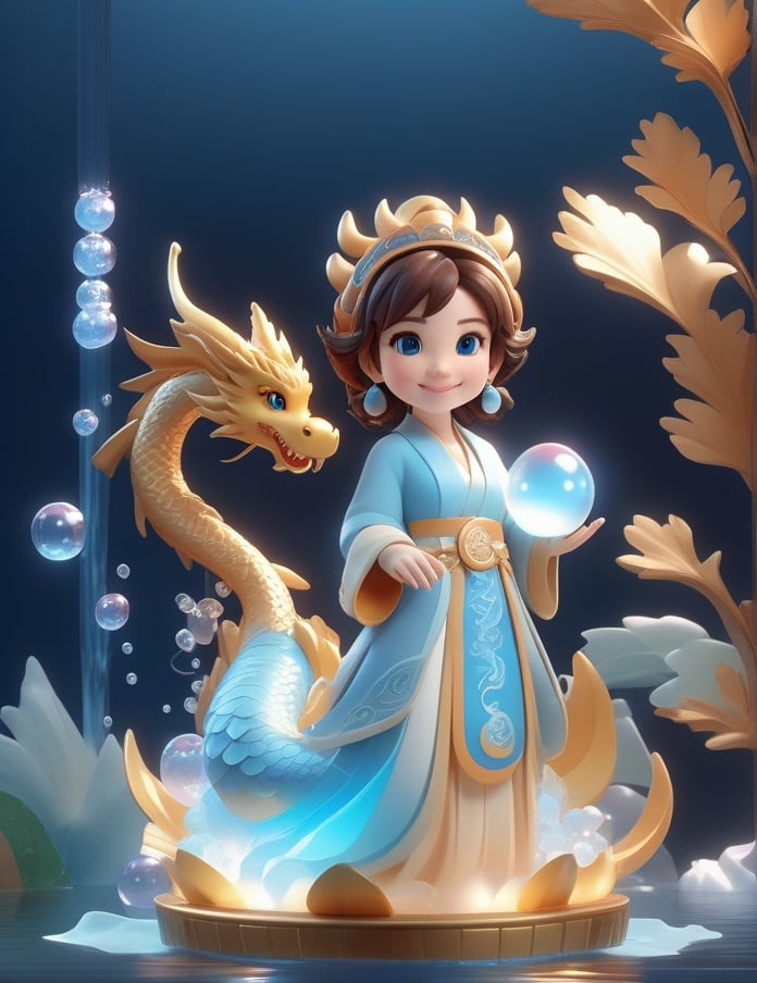 1girl, 3d figure, blue eyes, brown hair, bubble, dragon, earrings, eastern dragon, full body, glowing, jewelry, long sleeves, looking at viewer, smile, solo, standing, water <lora:sdxl_3dfigure-000002:0.65>