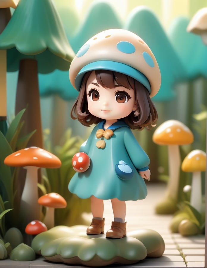 1girl, 3d figure, bangs, black eyes, blurry, blurry background, blush, boots, brown eyes, brown hair, chibi, closed mouth, depth of field, dress, full body, hat, holding, long sleeves, looking at viewer, minigirl, mushroom, shoes, short hair, smile, solo, standing, white footwear<lora:sdxl_3dfigure-000002:0.65>