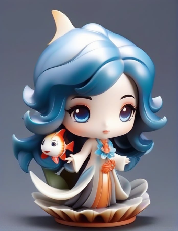 1girl, 3d figure, blue eyes, blue hair, chibi, fish, flower, grey background, jewelry, long hair, looking at viewer, monster girl, shell, solo <lora:sdxl_3dfigure-000002:0.65>