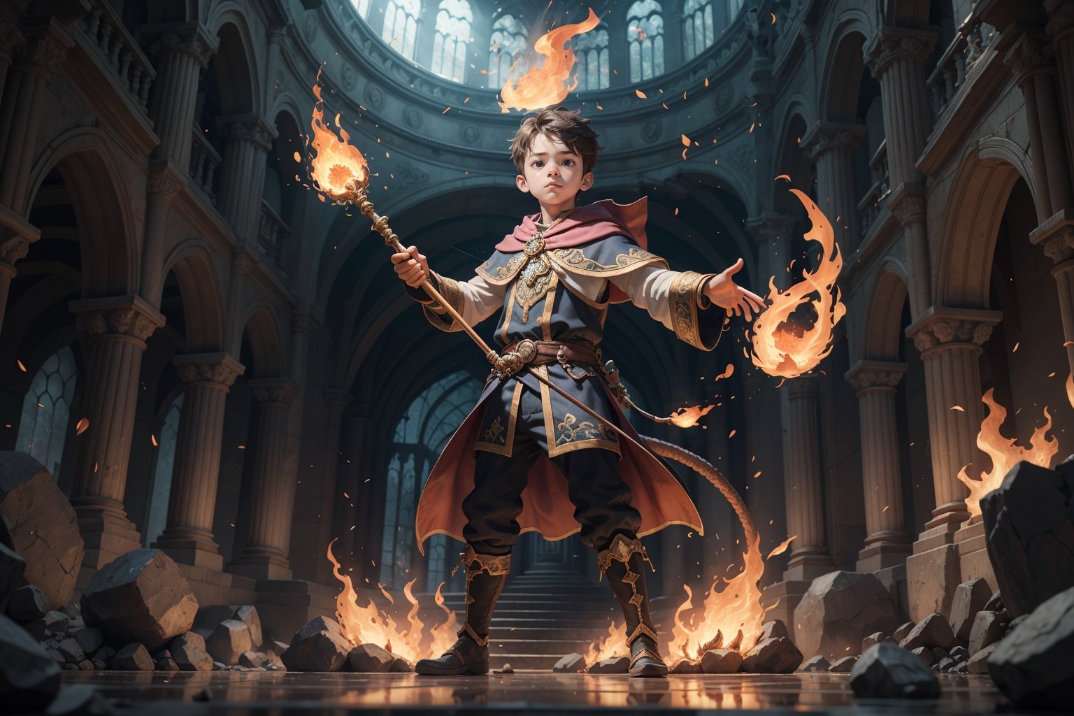 (masterpiece), best quality, 1boy, kid, mage, holdig, magic staff, casting fire magic [Fire | Dragon], wide shot, intricate details, pink particles swirling, 