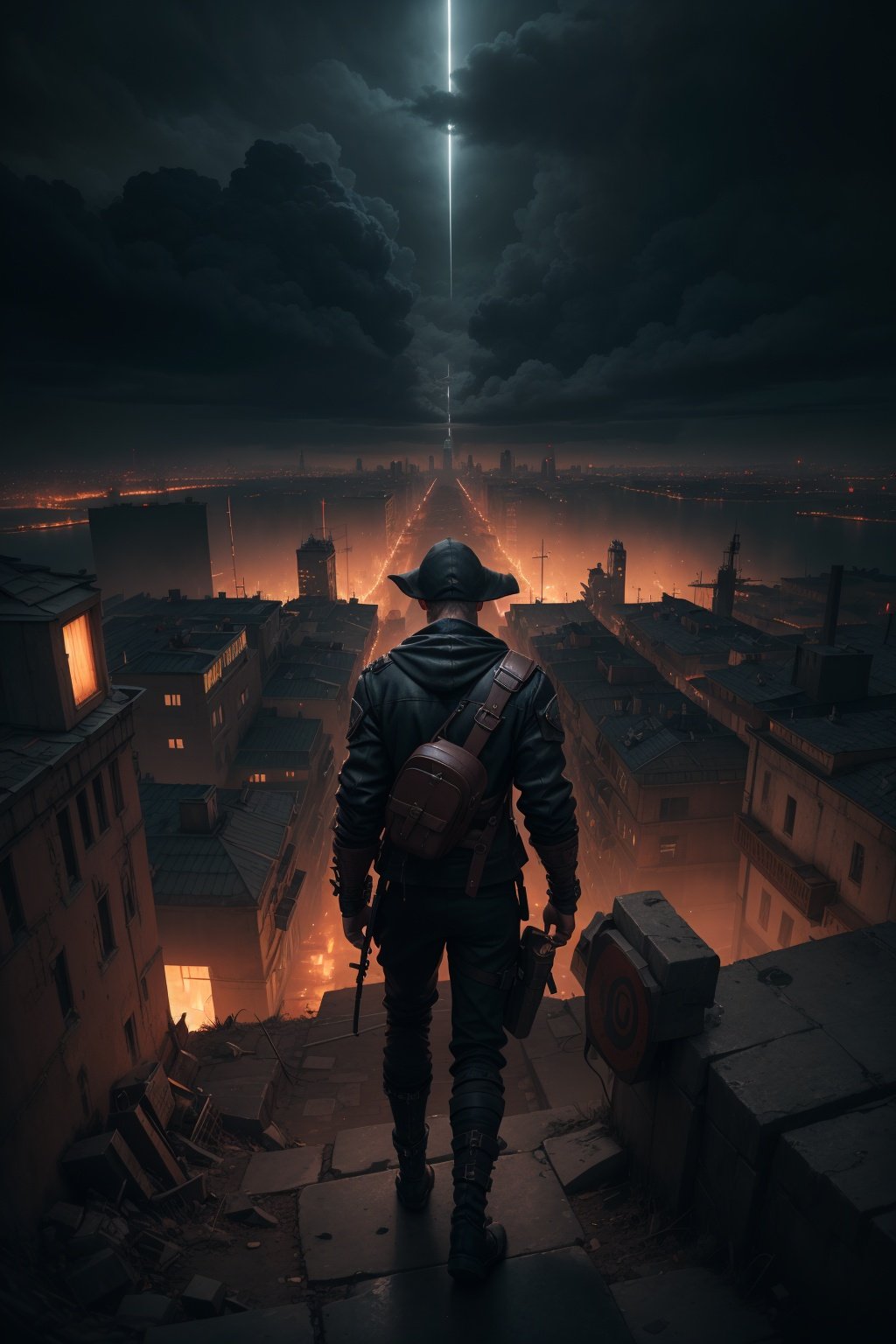 Bird's eye view of a rogue with black rigged clothes, overlooking a Grom post-apocaliptic city, moody and shadowy atmosphere, intricate details, intense visuals, cinematic, 4k, dark color palette, (red sky:0.2)
