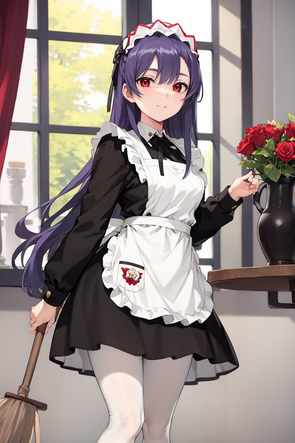 (masterpiece, best quality:1.2), <lora:aikolik:.9>, 1girl, solo, pantyhose, maid, smile, apron, maid headdress, black pantyhose, flower, enmaided, shiny, indoors, holding, shiny hair, brown eyes, long sleeves, broom, long hair, white apron, standing, alternate costume, rose, red eyes, red flower, frills, closed mouth, skirt, sparkle, looking at viewer, black hair, purple hair, bangs, holding broom, vase, black skirt, cowboy shot, dress, parted bangs