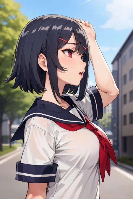 (masterpiece, best quality:1.2), <lora:aikolik:.9>, 1girl, solo, black hair, school uniform, sailor collar, large breasts, blue sailor collar, hair ornament, outdoors, serafuku, upper body, arm up, hairclip, white shirt, shirt, looking up, building, from side, bangs, sky, day, blurry background, cloud, blurry, red eyes, parted lips, plaid, short sleeves, neckerchief, medium hair, profile, short hair, open mouth, smile, sunlight, blue sky, breasts, tree