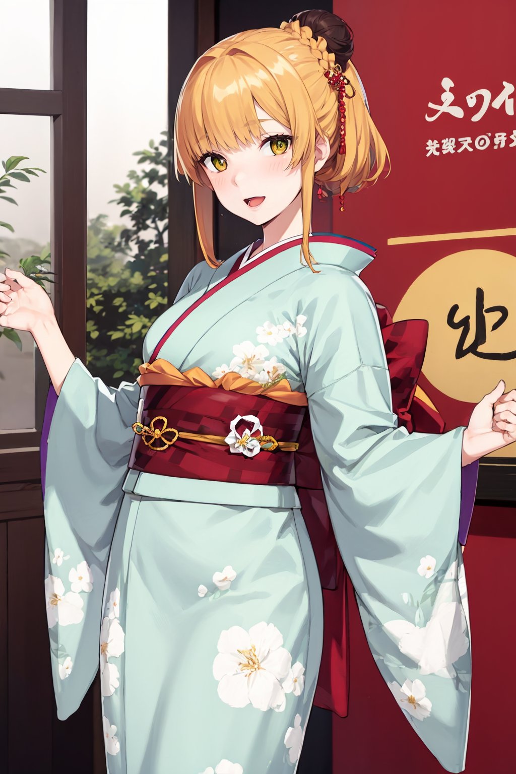 (masterpiece, best quality:1.2), <lora:aikolik:.9>, 1girl, japanese clothes, kimono, solo, hair ornament, smile, obi, sash, yellow eyes, open mouth, floral print, orange hair, hair bun, blush, red kimono, wide sleeves, flower, single hair bun, hair flower, hair up, short hair, green eyes, alternate hairstyle, looking at viewer, sleeves past wrists, breasts, large breasts, kanzashi, alternate costume