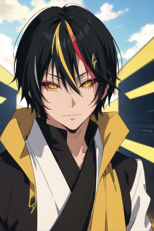masterpiece, best quality, , 1boy, solo, male focus, looking at viewer, upper body, , <lora:diablo_tensei_shitara:0.66>, diablo_tensei_shitara, black hair, yellow eyes, multicolored hair, streaked hair, red hair, colored sclera, black sclera, japanese costume, sci-fi, HDR