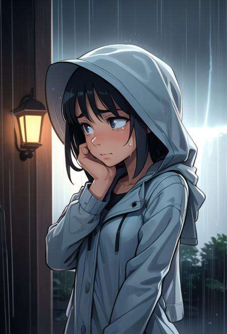 girl crying in the rain, thunderstorm