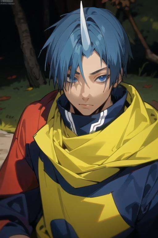 masterpiece, best quality, photorealistic, 1boy, solo, male focus, looking at viewer, upper body, , <lora:souei_tensei_shitara:0.72>, souei_tensei_shitara, blue hair, blue eyes, single horn, firefighter costume, science fiction horror, 16k resolution