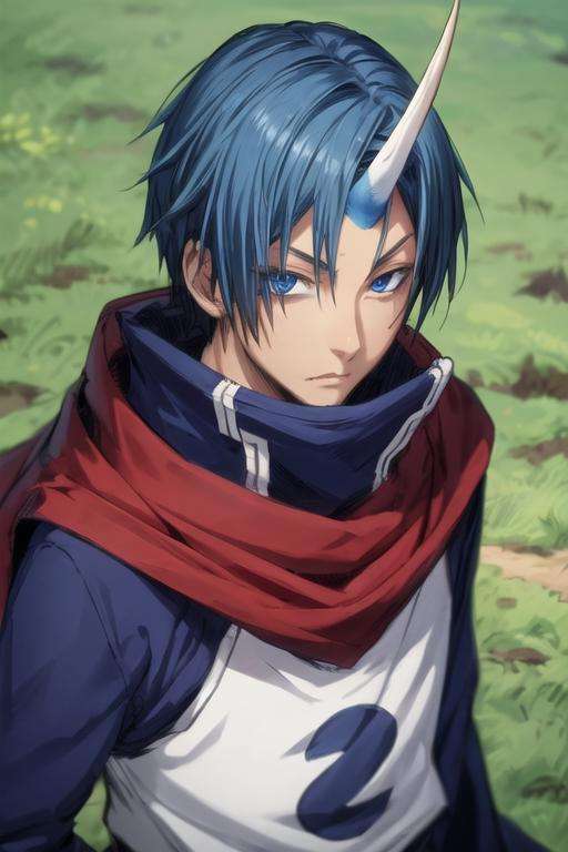 masterpiece, best quality, sketch, 1boy, solo, male focus, looking at viewer, upper body, , <lora:souei_tensei_shitara:0.68>, souei_tensei_shitara, blue hair, blue eyes, single horn, , ,