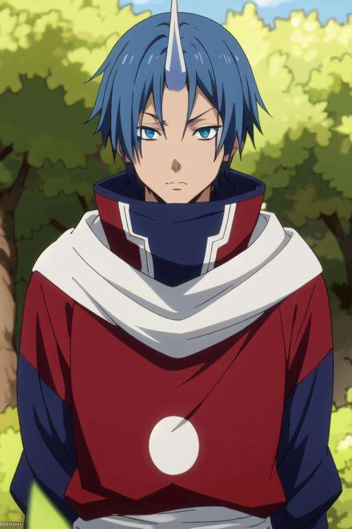 masterpiece, best quality, , 1boy, solo, male focus, looking at viewer, upper body, , <lora:souei_tensei_shitara:0.70>, souei_tensei_shitara, blue hair, blue eyes, single horn