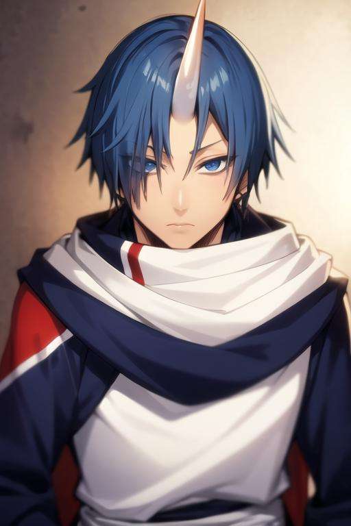 masterpiece, best quality, , 1boy, solo, male focus, looking at viewer, upper body, , <lora:souei_tensei_shitara:0.74>, souei_tensei_shitara, blue hair, blue eyes, single horn, patriotic costume, ancient greece, HDR