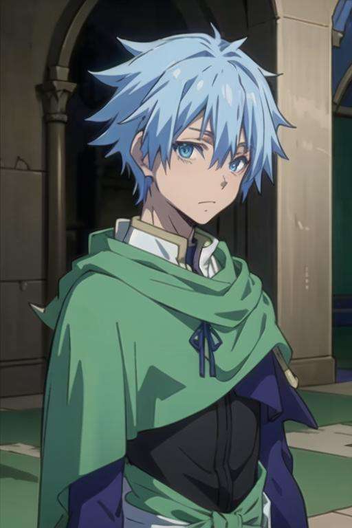 masterpiece, best quality, game cg, 1boy, solo, male focus, looking at viewer, upper body, , <lora:dino_tensei_shitara:0.66>, dino_tensei_shitara, blue hair, blue eyes, , , The Castle of Shadows, HD-DVD