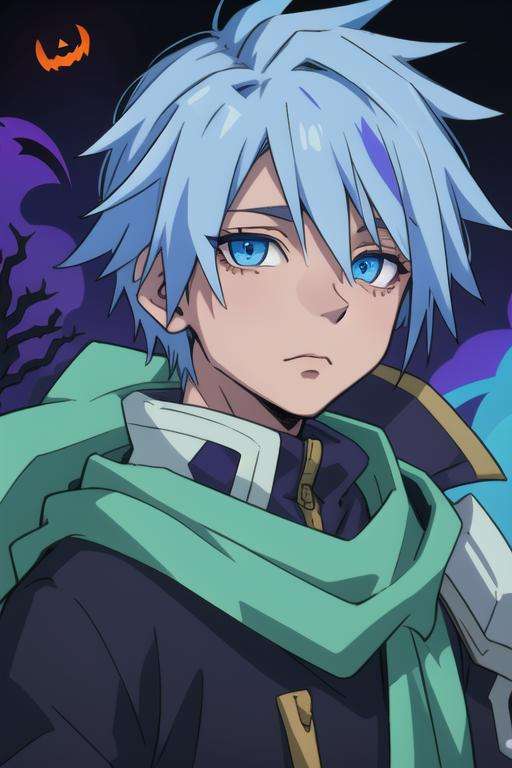 masterpiece, best quality, , 1boy, solo, male focus, looking at viewer, upper body, depth of field, <lora:dino_tensei_shitara:0.64>, dino_tensei_shitara, blue hair, blue eyes, , halloween costume, ,