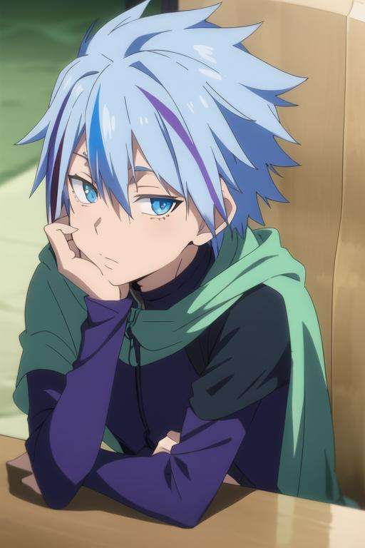 masterpiece, best quality, , 1boy, solo, male focus, looking at viewer, , depth of field, <lora:dino_tensei_shitara:0.68>, dino_tensei_shitara, blue hair, blue eyes, streaked hair, multicolor hair, purple hair