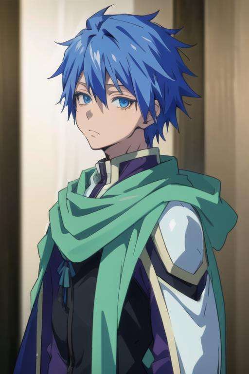 masterpiece, best quality, , 1boy, solo, male focus, looking at viewer, upper body, depth of field, <lora:dino_tensei_shitara:0.74>, dino_tensei_shitara, blue hair, blue eyes, , gangster costume, ,