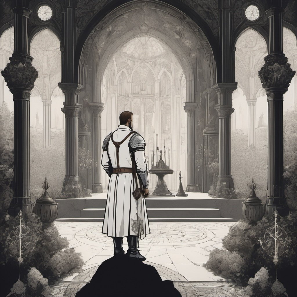 a steampunk knight Templar kneeling, praying at an altar, intricate, detailed, drawing, 
