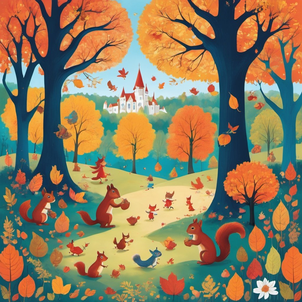 Seasonal Children's Book Illustration, Autumnal Color Palette, Squirrel Gathering Nuts, Crisp Fall Weather, Park Landscape, Autumn Afternoon, Content Mood ,  
