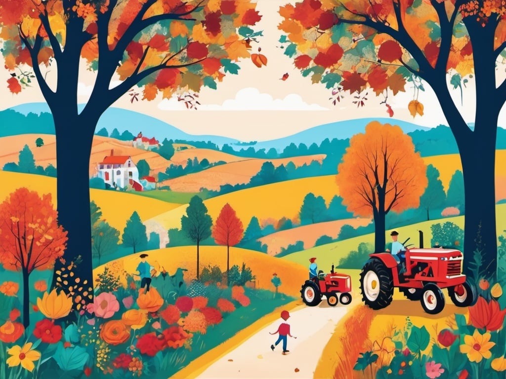 Farmers in the fields are harvesting crops, tractors, autumn trees, and children on the roadside, 
