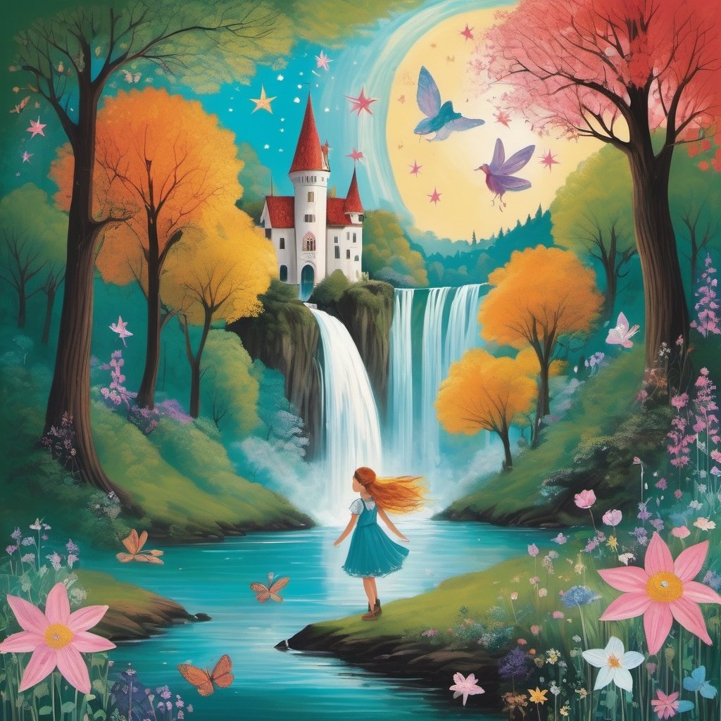 masterpiece,best quality,
fairy tale, a young girl magical adventure,waterfall,day, star,sun,cloud,wind
