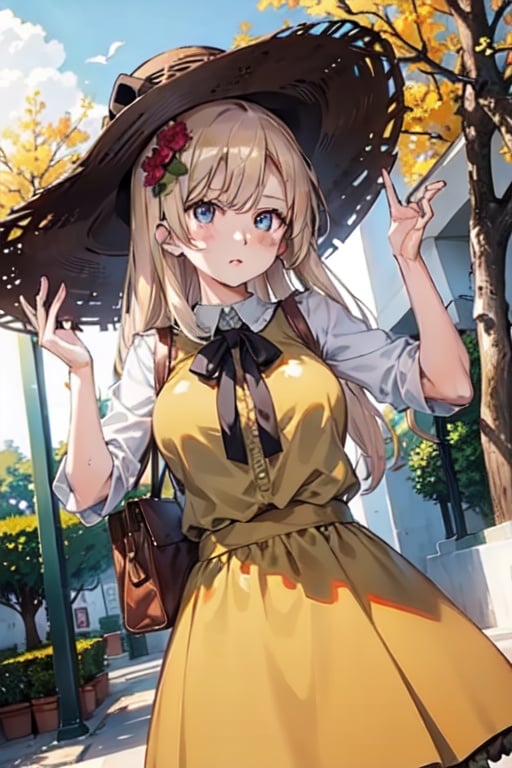 oppai_loli, loli, big_breasts, yellow_dress_with_flowers, straw_hat, park_background, long_hair, blue_eyes,pose
