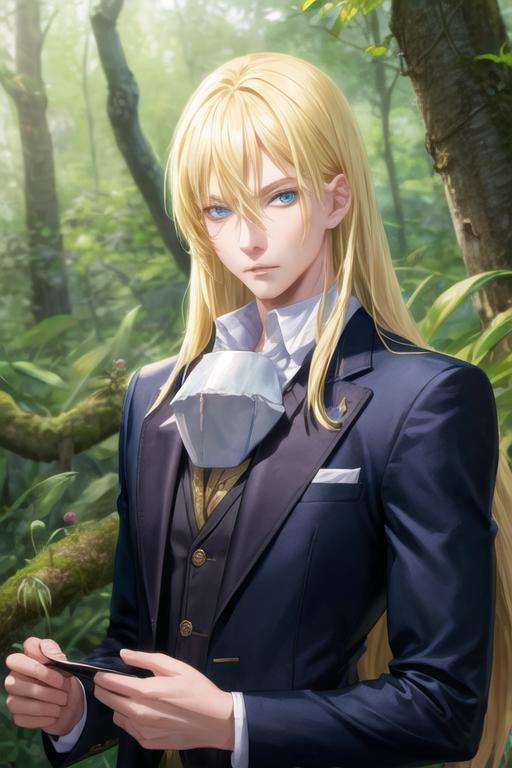 masterpiece, best quality, photorealistic, 1boy, solo, male focus, looking at viewer, upper body, , <lora:leon_cromwell:0.70>, leon_cromwell, blue eyes, blonde hair, long hair, suit jacket, , An enchanted forest where magical creatures and plants abound,
