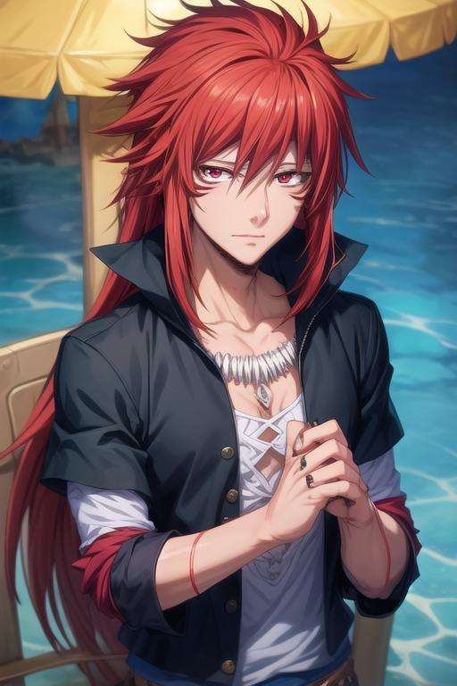 masterpiece, best quality, , 1boy, solo, male focus, looking at viewer, upper body, , <lora:guy_crimson:0.70>, guy_crimson, red eyes, red hair, long hair, , neverland: A lost island where children can stay forever young, 12k resolution