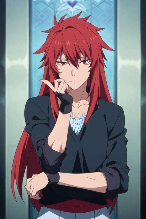 masterpiece, best quality, game cg, 1boy, solo, male focus, looking at viewer, upper body, , <lora:guy_crimson:0.66>, guy_crimson, red eyes, red hair, long hair