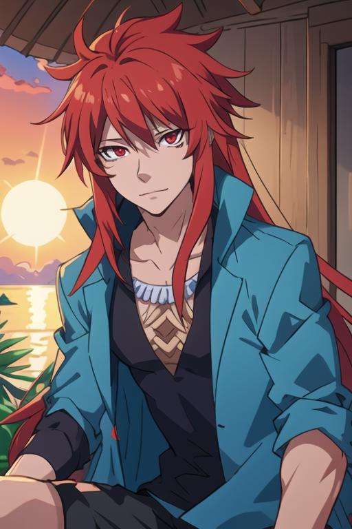masterpiece, best quality, game cg, 1boy, solo, male focus, looking at viewer, , , <lora:guy_crimson:0.64>, guy_crimson, red eyes, red hair, long hair, , , A tropical paradise where the sun shines brightly every day,