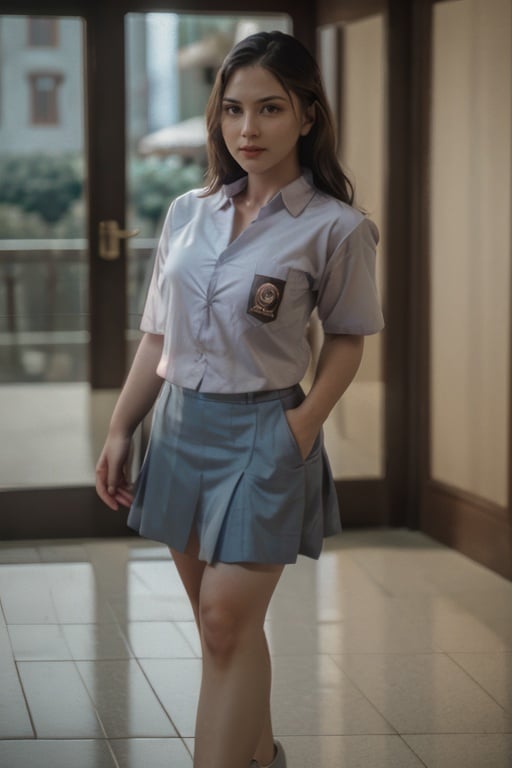 cinematic photo cinematic film still sm4c3w3k, white fabric, grey fabric,full body  photo of the most beautiful j3s1 woman in the world wearing the sm4c3w3k, collared shirt, short sleeves, grey skirt, pocket, kaki ramping,<lora:sm4c3w3k-02:1>,  <lora:j3s1-04:1:0.9> . shallow depth of field, vignette, highly detailed, high budget Hollywood movie, bokeh, cinemascope, moody, epic, gorgeous, film grain, grainy . 35mm photograph, film, bokeh, professional, 4k, highly detailed