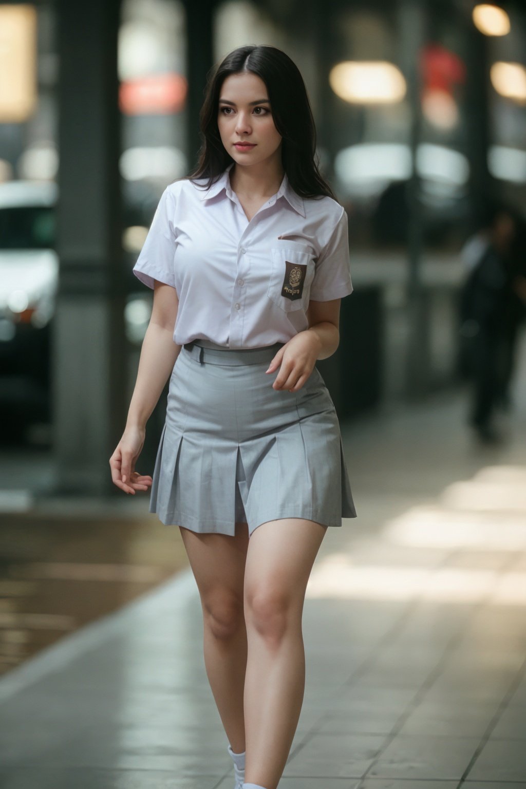cinematic photo cinematic film still sm4c3w3k, white fabric, grey fabric,full body  photo of the most beautiful woman in the world wearing the sm4c3w3k, collared shirt, short sleeves, skirt, pocket, <lora:sm4c3w3k:1> . shallow depth of field, vignette, highly detailed, high budget Hollywood movie, bokeh, cinemascope, moody, epic, gorgeous, film grain, grainy . 35mm photograph, film, bokeh, professional, 4k, highly detailed