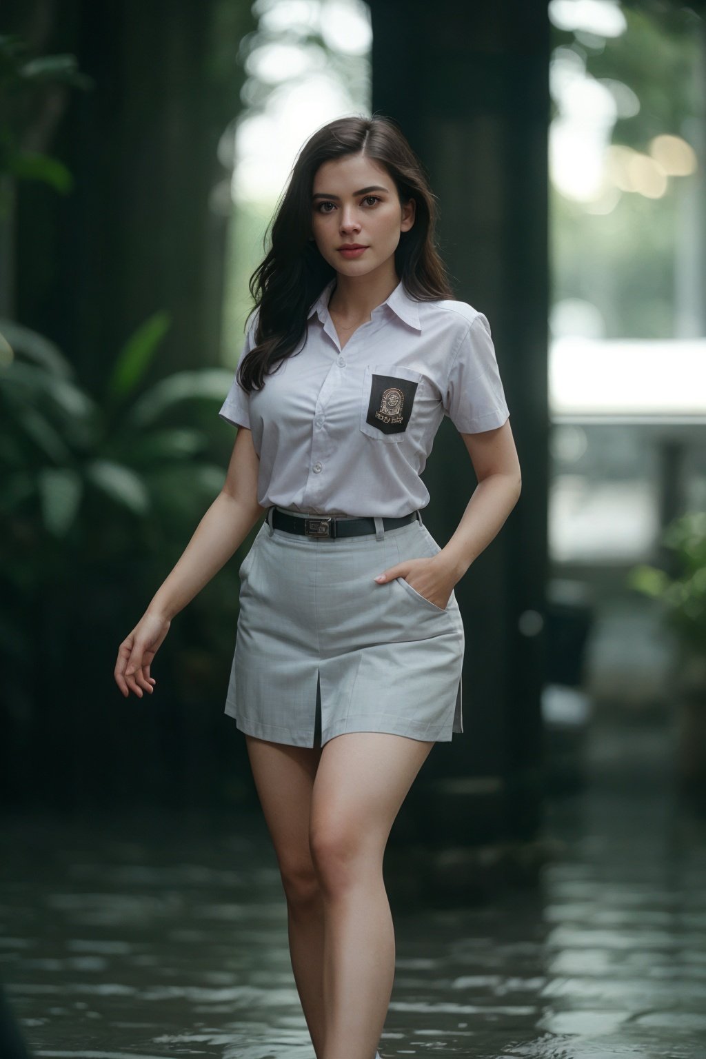 cinematic photo cinematic film still sm4c3w3k, white fabric, grey fabric,full body  photo of the most beautiful woman in the world wearing the sm4c3w3k, collared shirt, short sleeves, skirt, pocket, <lora:sm4c3w3k:1> . shallow depth of field, vignette, highly detailed, high budget Hollywood movie, bokeh, cinemascope, moody, epic, gorgeous, film grain, grainy . 35mm photograph, film, bokeh, professional, 4k, highly detailed