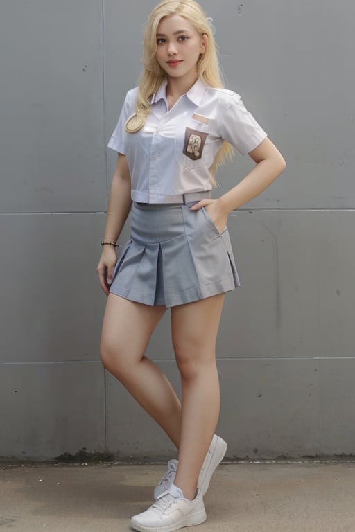 sm4c3w3k, white fabric, grey fabric,full body  photo of the most beautiful woman in the world wearing the sm4c3w3k, collared shirt, ((blonde hair)),short sleeves, grey skirt, pocket, kaki ramping,<lora:sm4c3w3k-03:1>