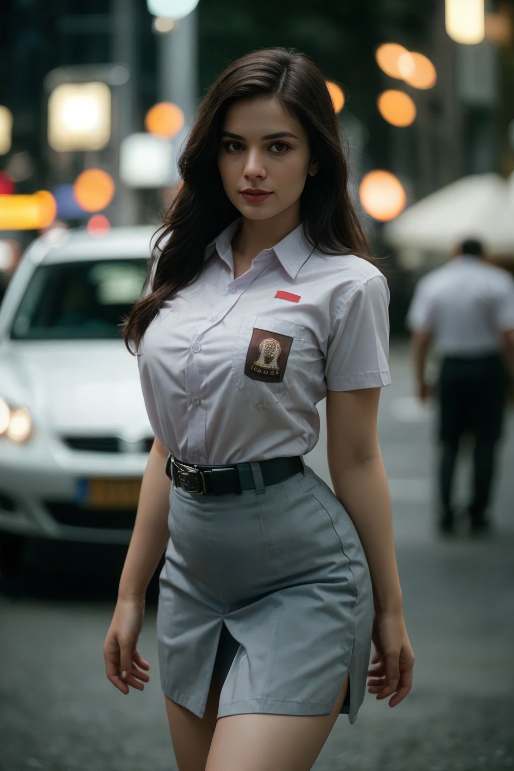 cinematic photo cinematic film still sm4c3w3k, white fabric, grey fabric,full body  photo of the most beautiful woman in the world wearing the sm4c3w3k, collared shirt, short sleeves, skirt, pocket, <lora:sm4c3w3k:1> . shallow depth of field, vignette, highly detailed, high budget Hollywood movie, bokeh, cinemascope, moody, epic, gorgeous, film grain, grainy . 35mm photograph, film, bokeh, professional, 4k, highly detailed