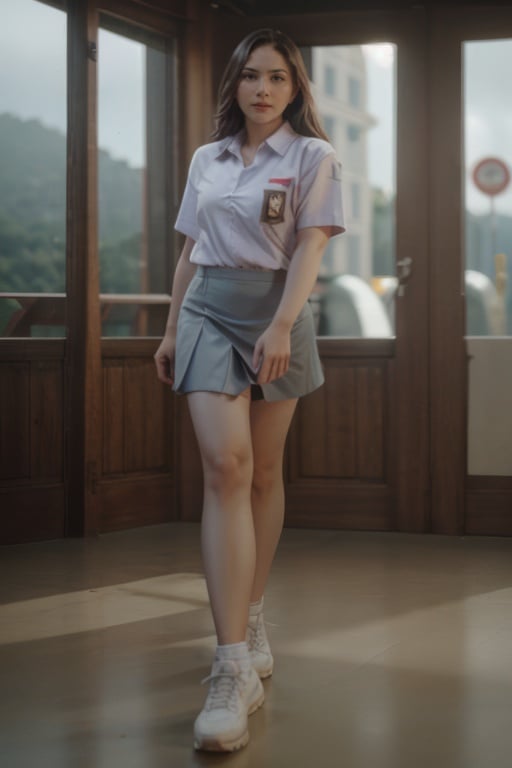 cinematic photo cinematic film still sm4c3w3k, white fabric, grey fabric,full body  photo of the most beautiful j3s1 woman in the world wearing the sm4c3w3k, collared shirt, short sleeves, grey skirt, pocket, <lora:sm4c3w3k-02:1>,  <lora:j3s1-04:1:0.9> . shallow depth of field, vignette, highly detailed, high budget Hollywood movie, bokeh, cinemascope, moody, epic, gorgeous, film grain, grainy . 35mm photograph, film, bokeh, professional, 4k, highly detailed