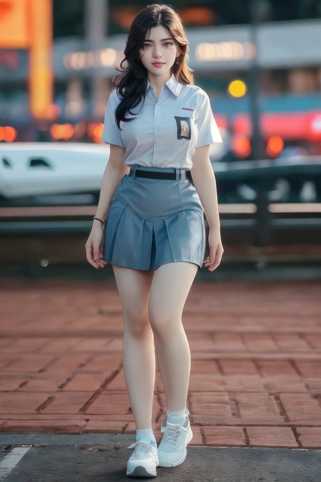 cinematic photo sm4c3w3k, white clothes,full body  photo of the most beautiful woman in the world wearing the sm4c3w3k, collared shirt,short sleeves, grey skirt, pocket,<lora:sm4c3w3k-05:1>  . 35mm photograph, film, bokeh, professional, 4k, highly detailed