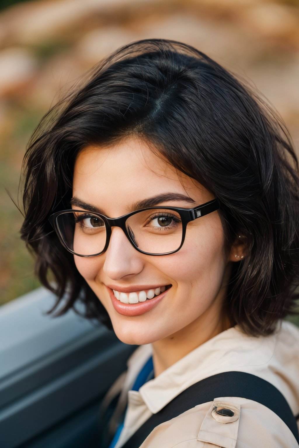 (from above, closeup on face:1.2) photo of <lora:YaelAris_v1:0.9> YaelAris wearing makeup and with black hair, smiling, she is wearing tabard , she is wearing glasses, her hair is styled as bouncy curls, BREAK she is (stargazing on a mountaintop at night:1.1), high key brightly lit, shot on Canon EOS 5D, smooth background bokeh, Cinestill 800T ,