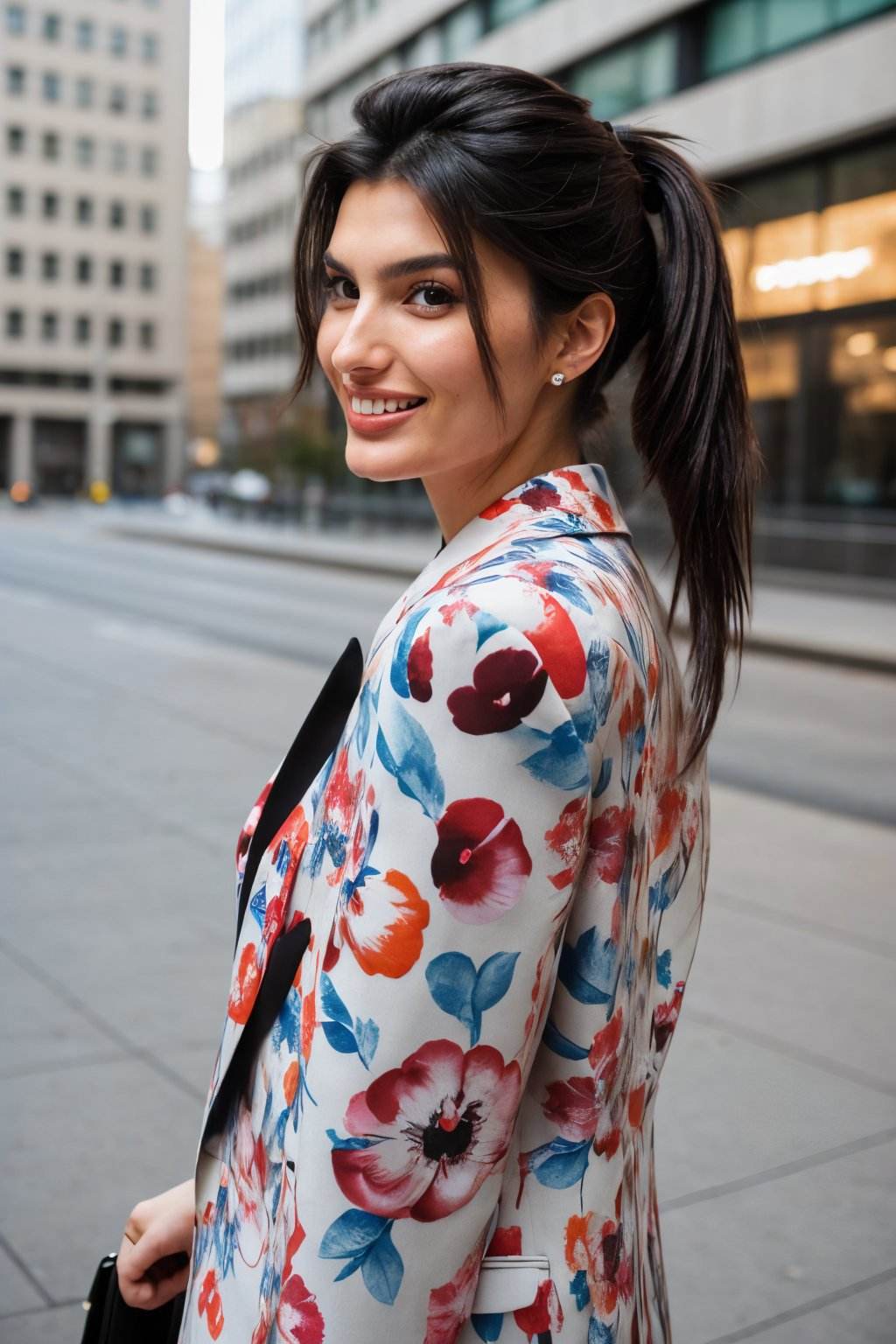 (eye level, headshot:1.2) photo of <lora:YaelAris_v1:0.9> YaelAris wearing makeup and with black hair, smiling, she is wearing apple print blazer , she is wearing brooch, her hair is styled as knotted ponytail, BREAK she is (blusking in a city:1.1), hash flash lighting, shot on Leica M3, technicolor,
