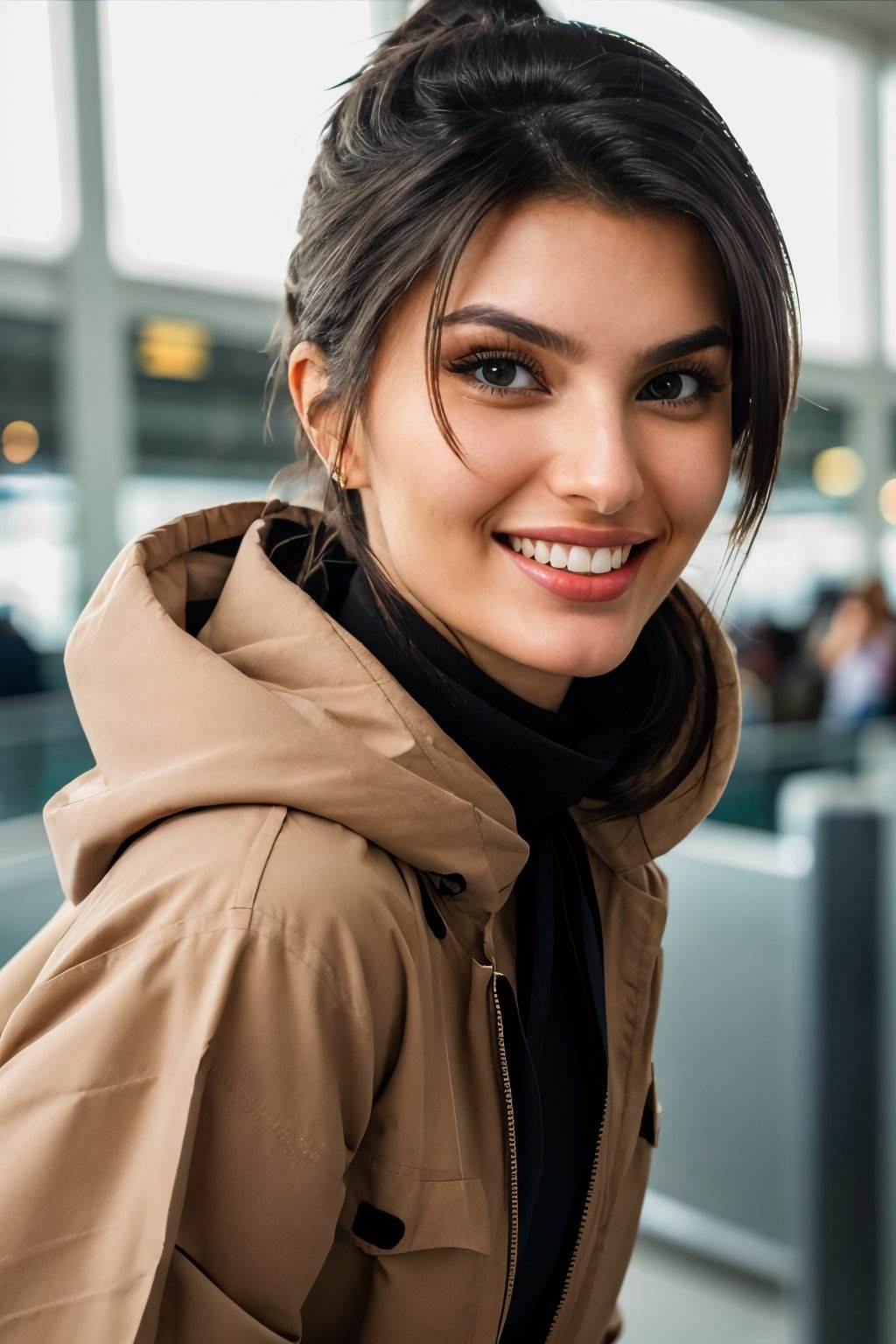 (eye level, closeup on face:1.2) photo of <lora:YaelAris_v1:0.9> YaelAris wearing makeup and with black hair, smiling, she is wearing hood , she is wearing neck ribbon, her hair is styled as bow ponytail, BREAK she is (running in the airport:1.1), dramatic edge lighting, shot on (RED:.6) camera, Fujicolor Pro ,Voigtländer Nokton 50mm f1.1 ,