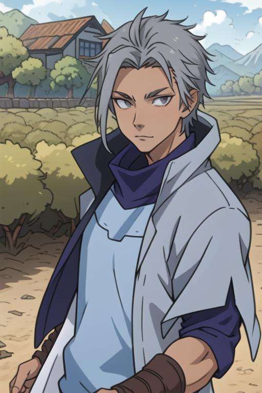 masterpiece, best quality, game cg, 1boy, solo, male focus, looking at viewer, , depth of field, <lora:grucius_tensei_shitara:0.64>, grucius_tensei_shitara, grey hair, grey eyes, coat, , The Valley of the Lost,