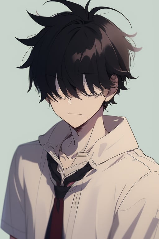 Perfectionist anime-style portrait of a 1boy, (school background), soft pastel style, ((Blurred background ++)) ((1boy)), ((slim average body)), school boy, holding right arm shyly, black hair, super messy styled hair, hair over eyes, <lora:EMS-31039-EMS:1>