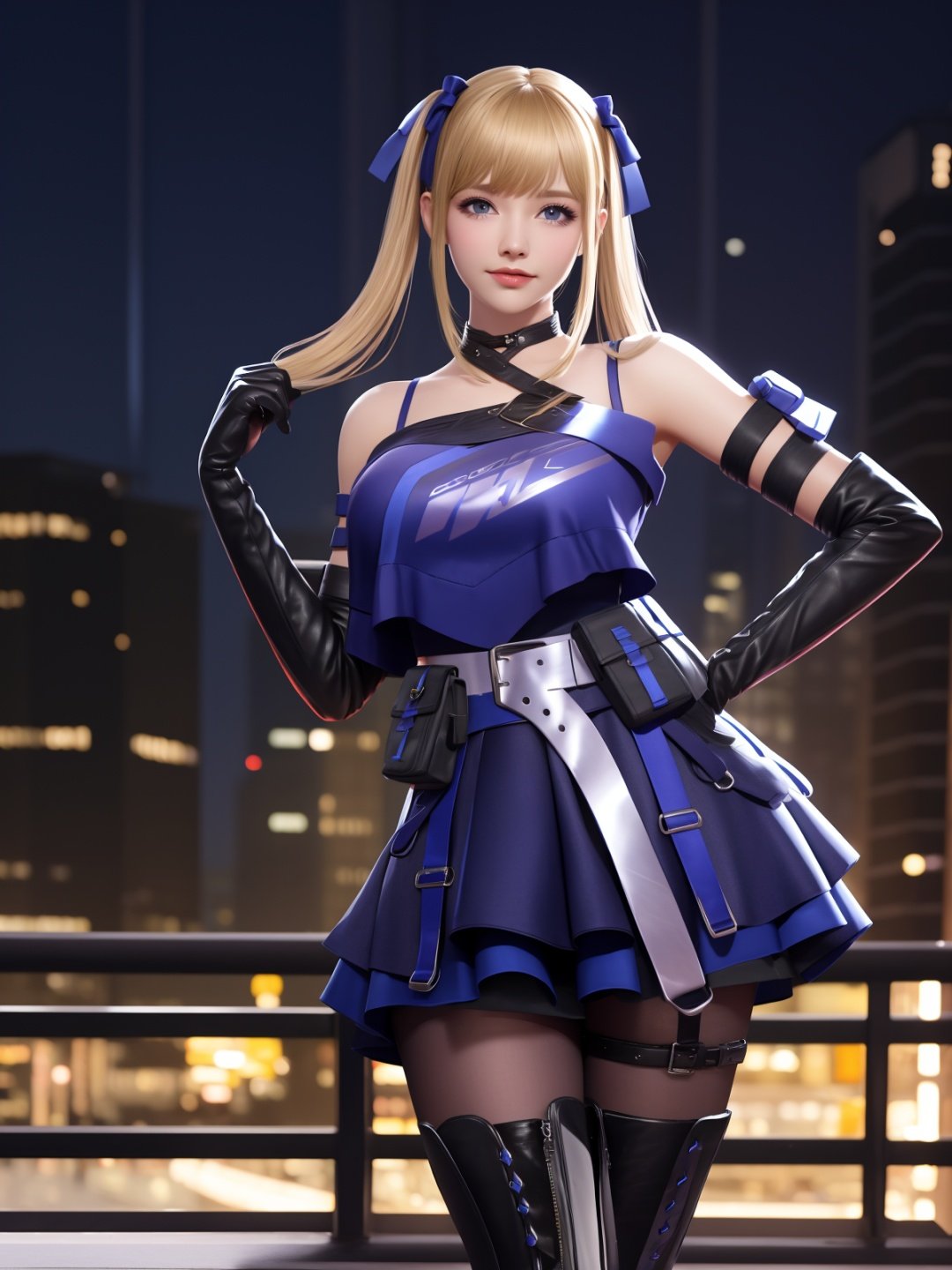 CFqingyaBW, 1girl, elbow gloves, solo,lace-up boots, blue eyes, blonde hair, pantyhose, twintails,skirt,choker, bare shoulders, bangs,crop top,hair ribbon,belt, <lora:CFqingyaBWii:0.75>,mature female, cityscape, night, looking at viewer, standing, cowboy shot, hand on hip, 