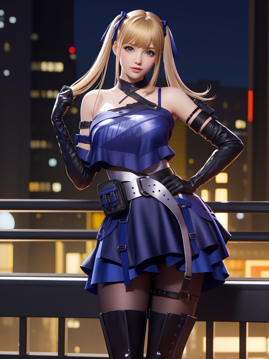 CFqingyaBW, 1girl, elbow gloves, solo,lace-up boots, blue eyes, blonde hair, pantyhose, twintails,skirt,choker, bare shoulders, bangs,crop top,hair ribbon,belt, <lora:CFqingyaBWii:0.75>,mature female, cityscape, night, looking at viewer, standing, cowboy shot, hand on hip, 